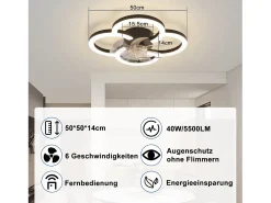 NETTLIFE Ventilador de techo LED con iluminación - 40 W, silencioso, , con control remoto, temporizador regulable de 6 velocidades Negro Clearance