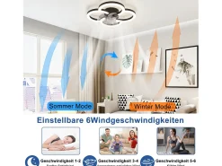 NETTLIFE Ventilador de techo LED con iluminación - 40 W, silencioso, , con control remoto, temporizador regulable de 6 velocidades Negro Clearance