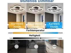 NETTLIFE Ventilador de techo LED con iluminación - 40 W, silencioso, , con control remoto, temporizador regulable de 6 velocidades Negro Clearance