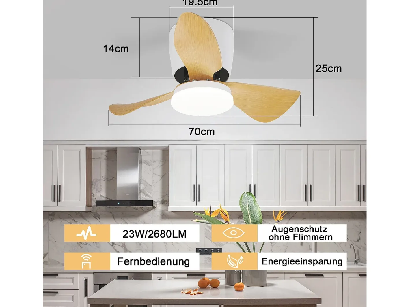NETTLIFE Ventilador de techo con iluminación y control remoto LED 23W regulable silencioso 70CM verano/invierno temporizador de 6 velocidades Blanco Outlet