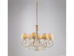 Lámpara Suspendida-Vienesa - Lámpara de araña con pantallas efecto yute y oro antiguo, 8 luces Ø78 Marfil