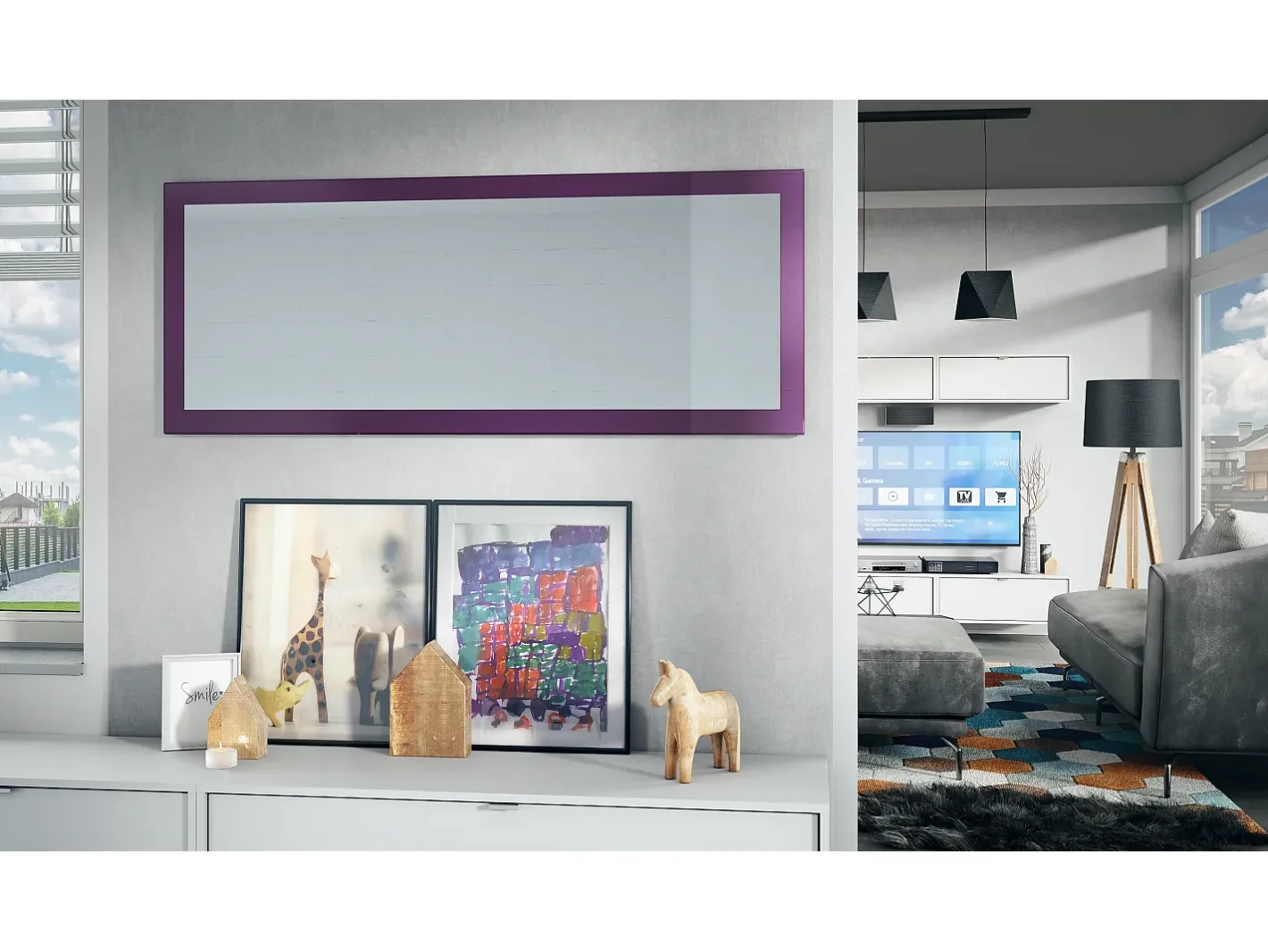 Espejo De Pared|Espejo-Vladon Espejo Lima, Espejo de pared con Marco moderno, Blanco de alto brillo (139 x 55 cm) Violeta