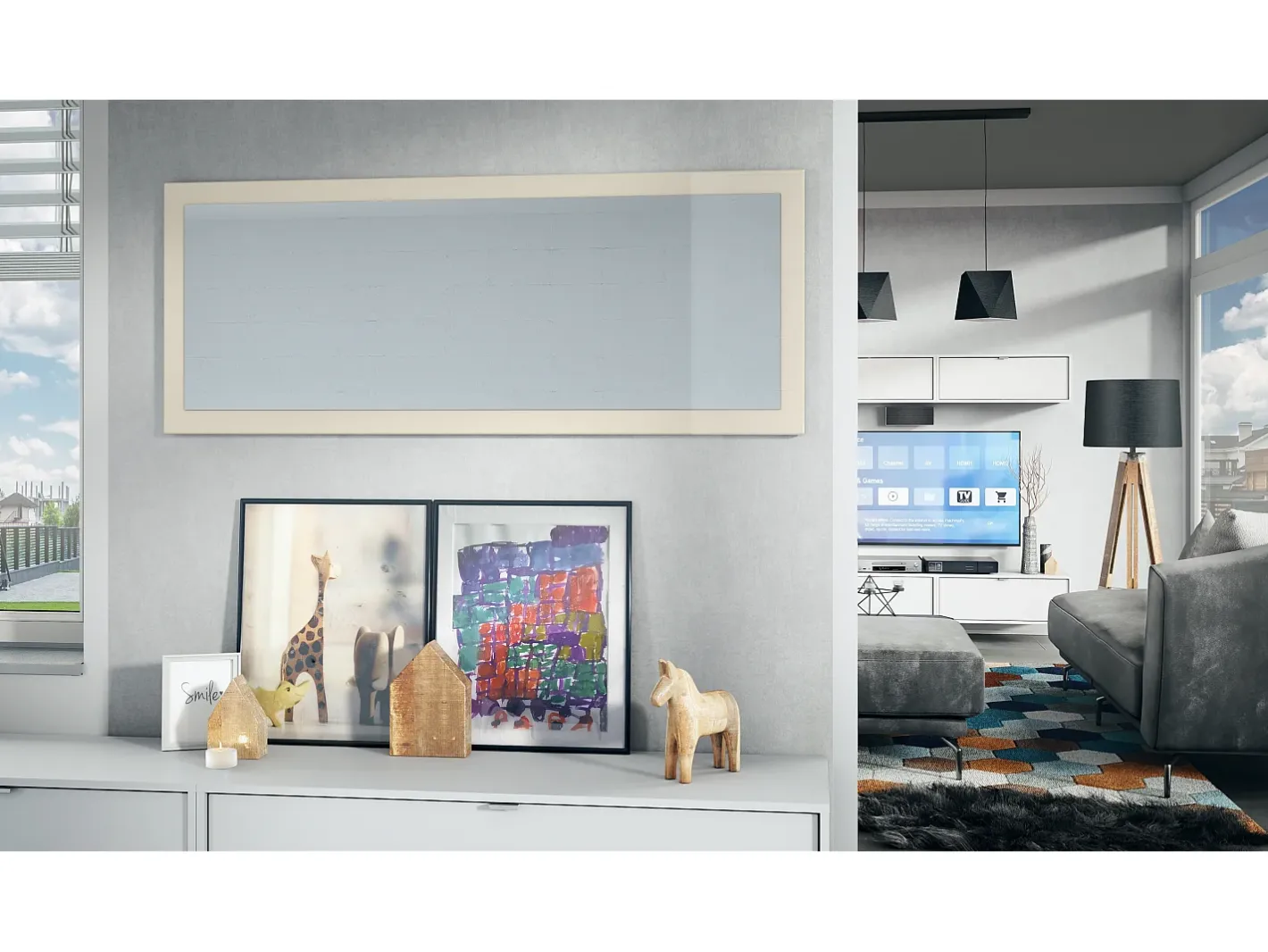Vladon Espejo Lima, Espejo de pared con Marco moderno, Blanco de alto brillo (139 x 55 cm) Crema Best