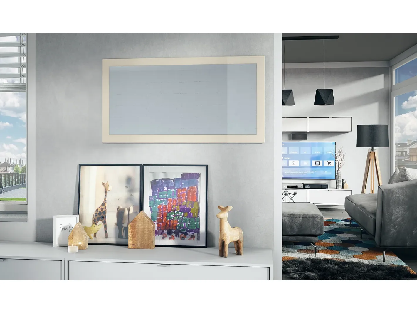 Sale Vladon Espejo Lima, Espejo de pared con Marco moderno, Blanco de alto brillo (110 x 52 cm) Crema