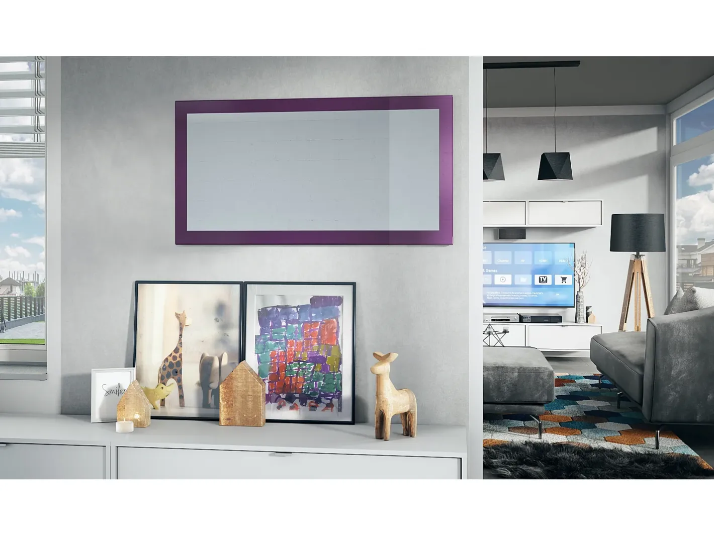 Espejo De Pared|Espejo-Vladon Espejo Lima, Espejo de pared con Marco moderno, Blanco de alto brillo (110 x 52 cm) Violeta