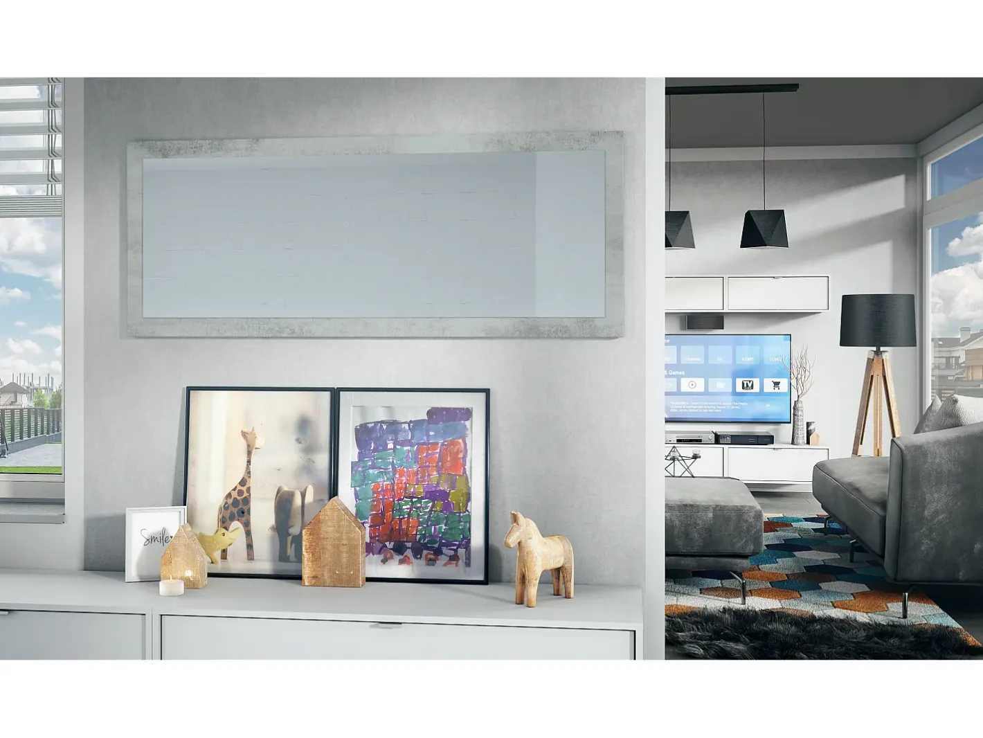 Outlet Vladon Espejo Lima, Espejo de pared con Marco moderno, Blanco de alto brillo (139 x 55 cm) Color natural oscuro